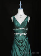 Green Vintage Style Taffeta with Lace Prom Dress, Green Long Prom Dress