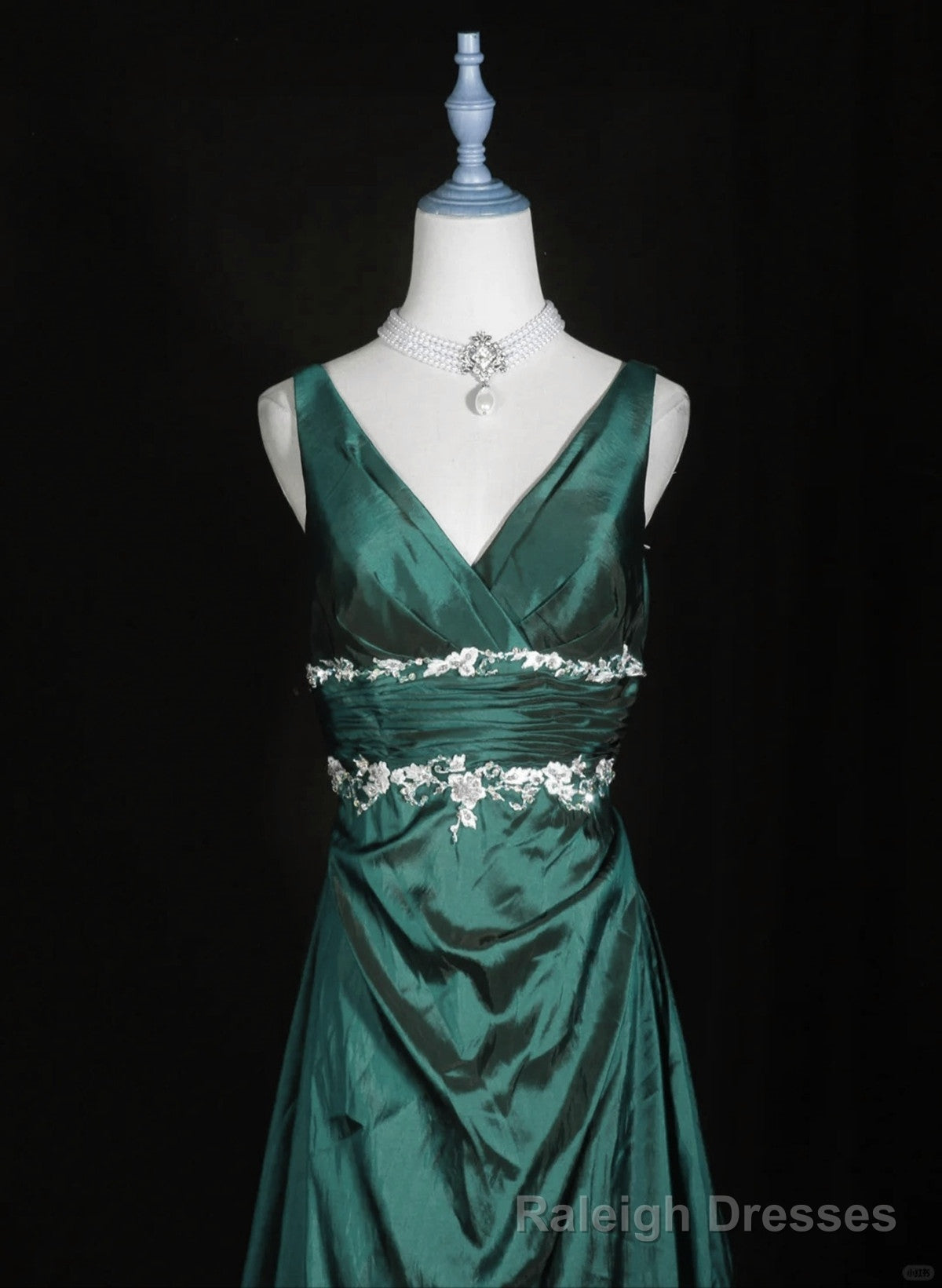 Green Vintage Style Taffeta with Lace Prom Dress, Green Long Prom Dress