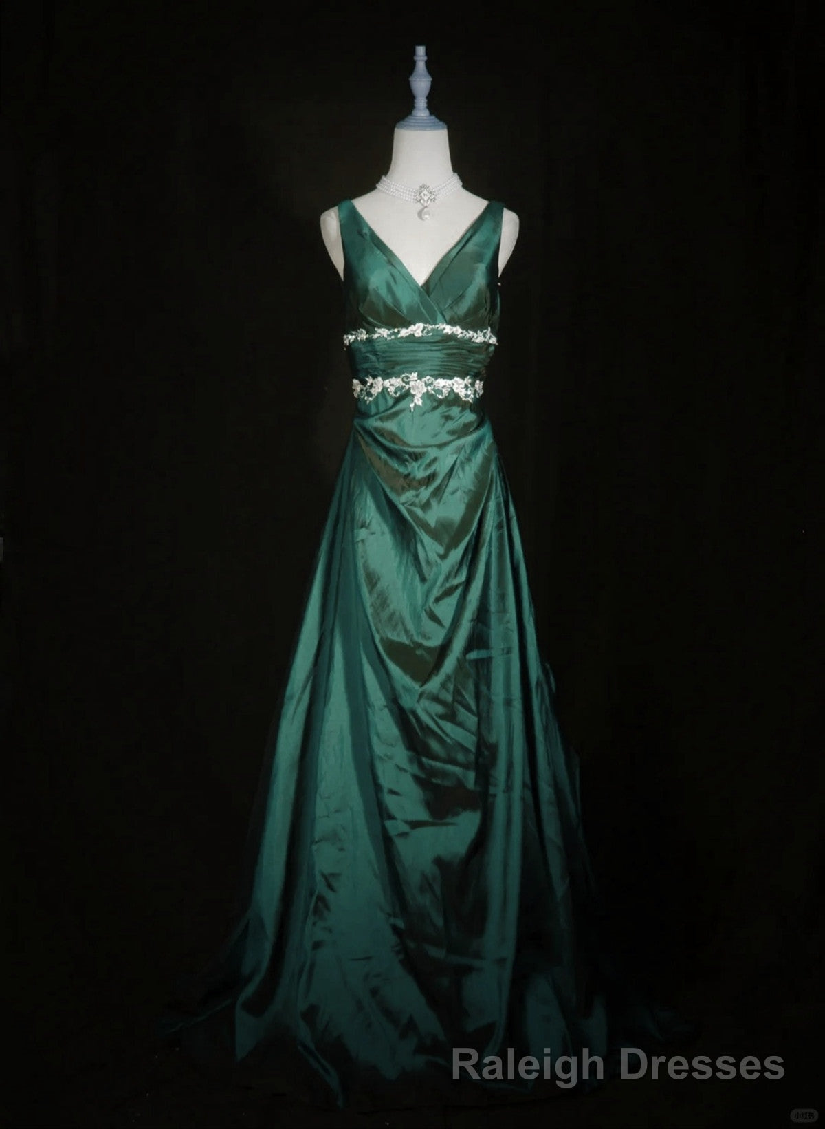 Green Vintage Style Taffeta with Lace Prom Dress, Green Long Party Dress Main image