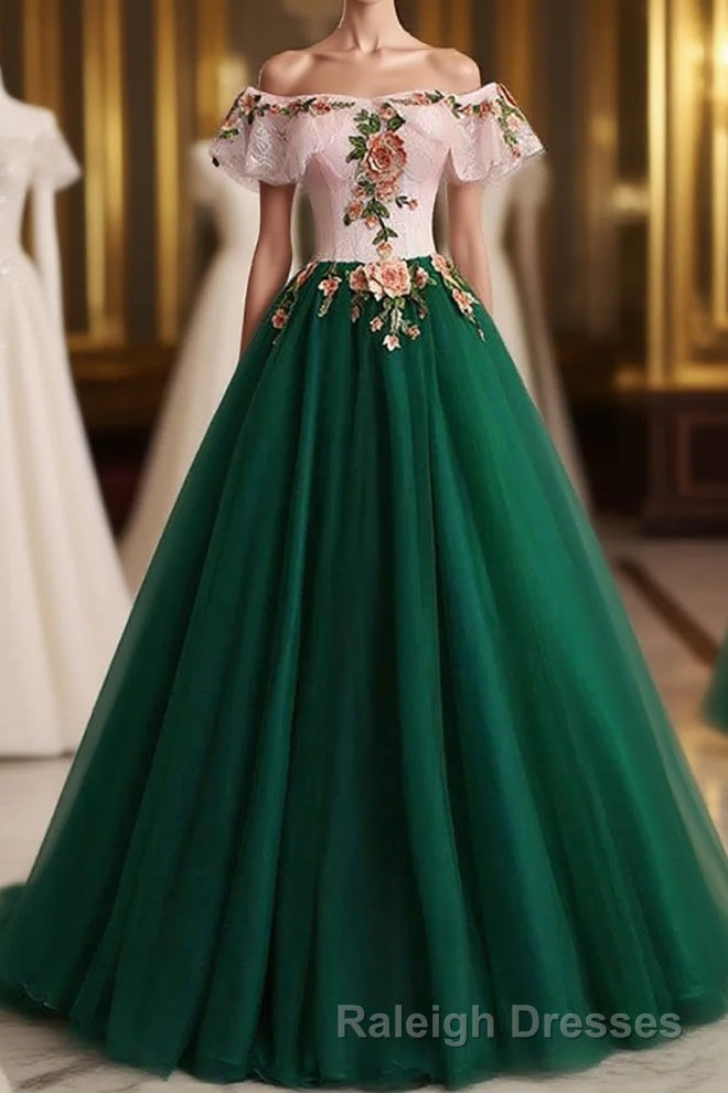 Green Off the Shoulder Floor Length Prom Dress with Appliques, Puffy Quinceanera Dress