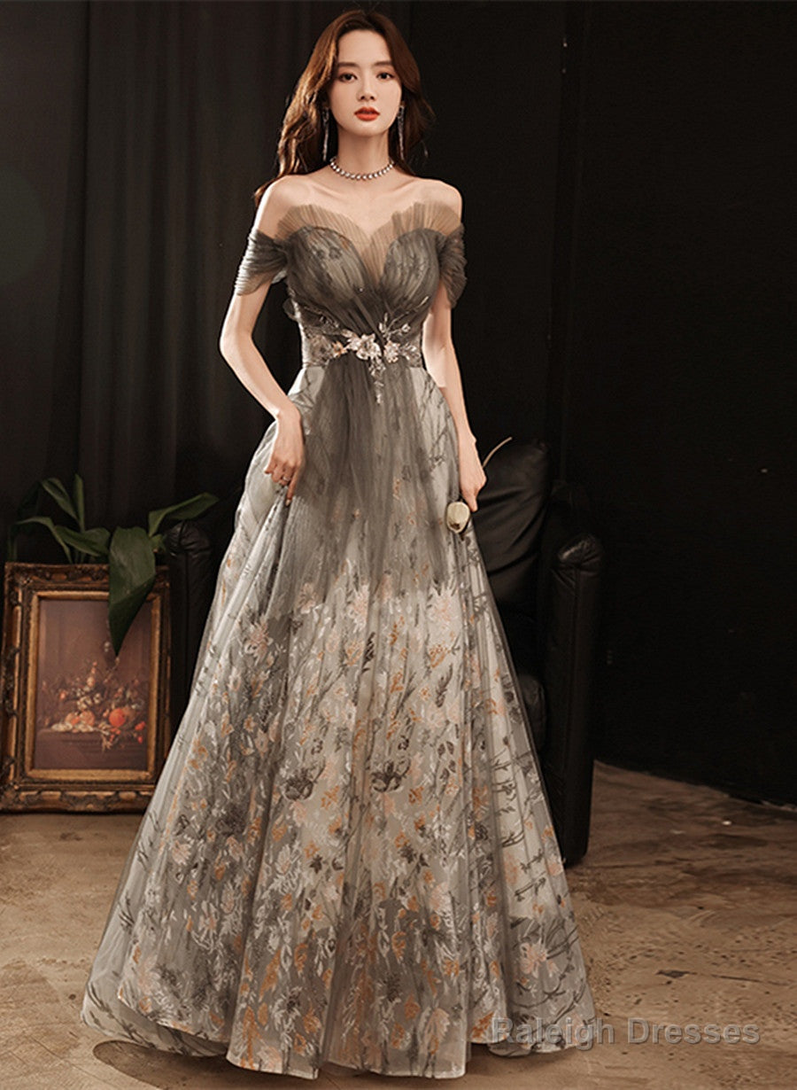 Grey A-Line Floral Tulle Off Shoulder Long Party Dress, Grey Floor Length Prom Dress Main image