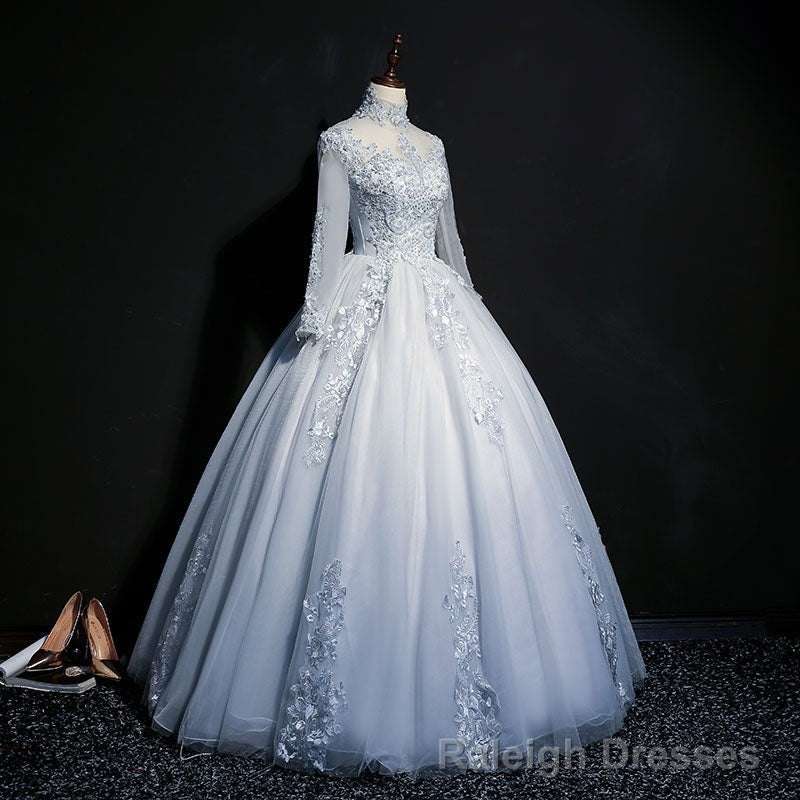 Grey A Line Long Sleeves with Lace Prom Gowns, Sweet 16 Dress Secondary image