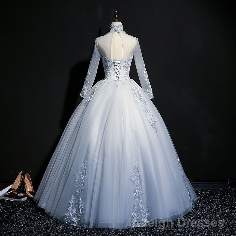 Grey A Line Long Sleeves with Lace Prom Gowns, Sweet 16 Dress Main image