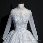 Grey A Line Long Sleeves with Lace Prom Gowns, Sweet 16 Dress