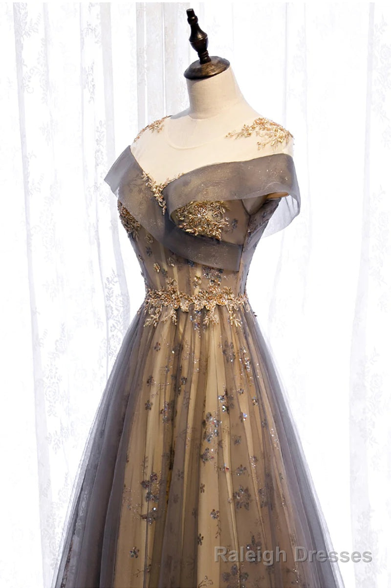 Grey A Line Tulle and Lace Long Prom Dress, Round Neckline Prom Dress Secondary image