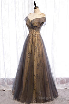 Grey A Line Tulle and Lace Long Prom Dress, Round Neckline Prom Dress