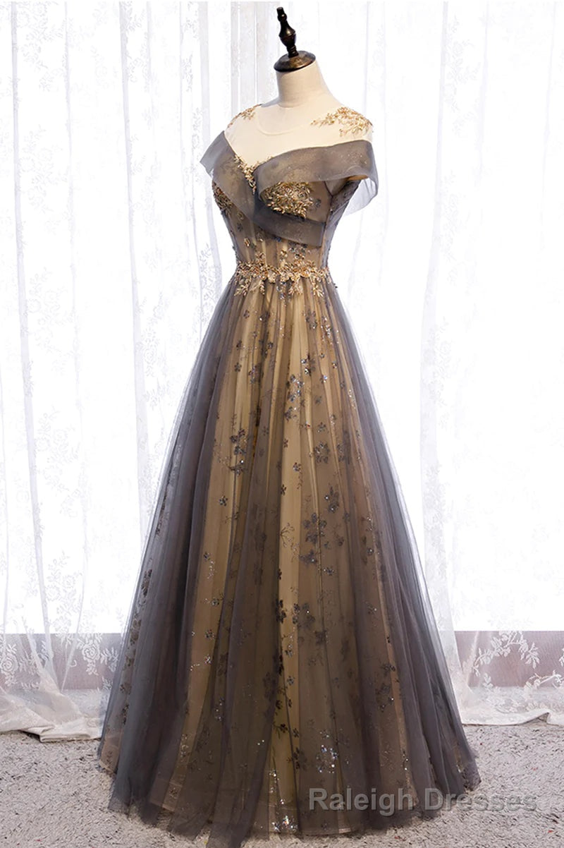 Grey A Line Tulle and Lace Long Prom Dress, Round Neckline Prom Dress