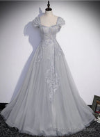 Grey A Line Tulle Short Sleeves Long Formal Dress, Grey Tulle Lace Prom Dress