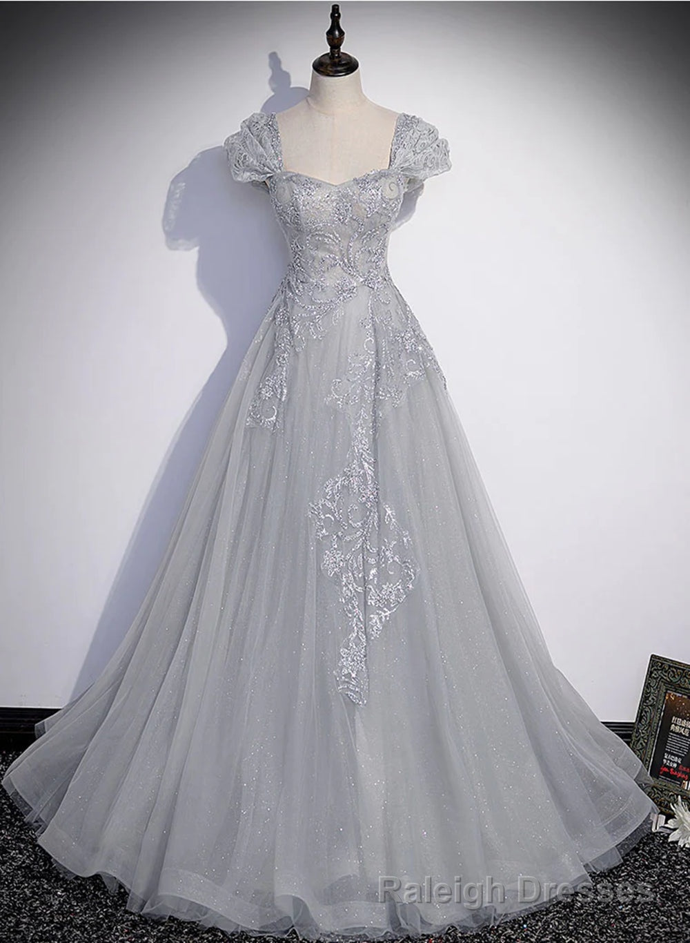 Grey A Line Tulle Short Sleeves Long Formal Dress, Grey Tulle Lace Prom Dress