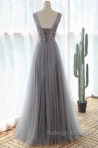 Grey A-Line Tulle With Lace Long Formal Dress V-Neckline Prom Dress Sleeveless December Wedding Guest Dress