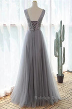 Grey A-Line Tulle With Lace Long Prom Dresses V-Neckline Prom Dresses Sleeveless December Wedding Guest Dresses