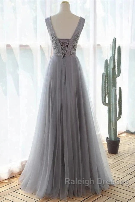 Grey A-Line Tulle With Lace Long Prom Dresses V-Neckline Prom Dresses Sleeveless December Wedding Guest Dresses