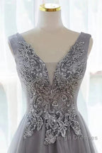 Grey A-Line Tulle With Lace Long Prom Dresses V-Neckline Prom Dresses Sleeveless December Wedding Guest Dresses