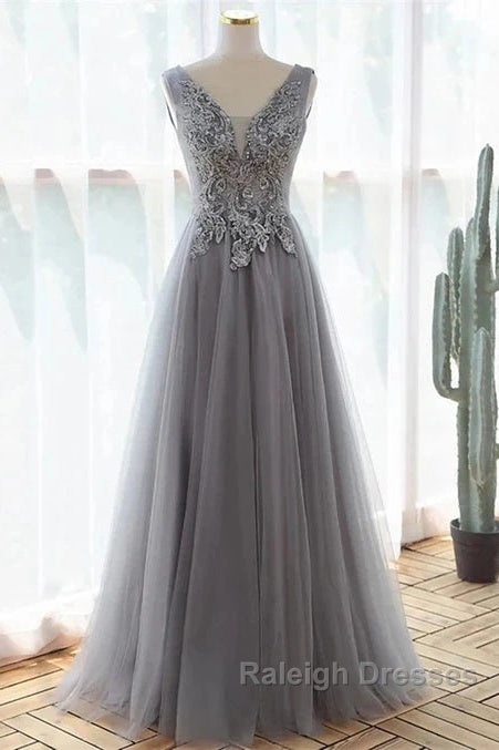 Grey A-Line Tulle With Lace Long Formal Dress V-Neckline Prom Dress Sleeveless December Wedding Guest Dress