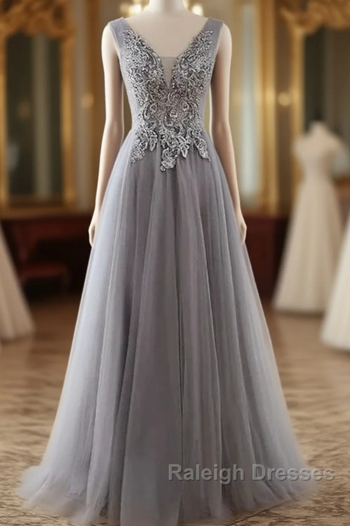 Grey A-Line Tulle With Lace Long Prom Dresses V-Neckline Prom Dresses Sleeveless December Wedding Guest Dresses Main image