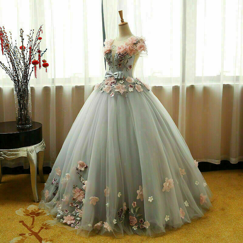 Grey Ball Gowns 3D Flowers Princess Prom Gowns Sweet 16 Prom Dresses Grey Prom Dresses