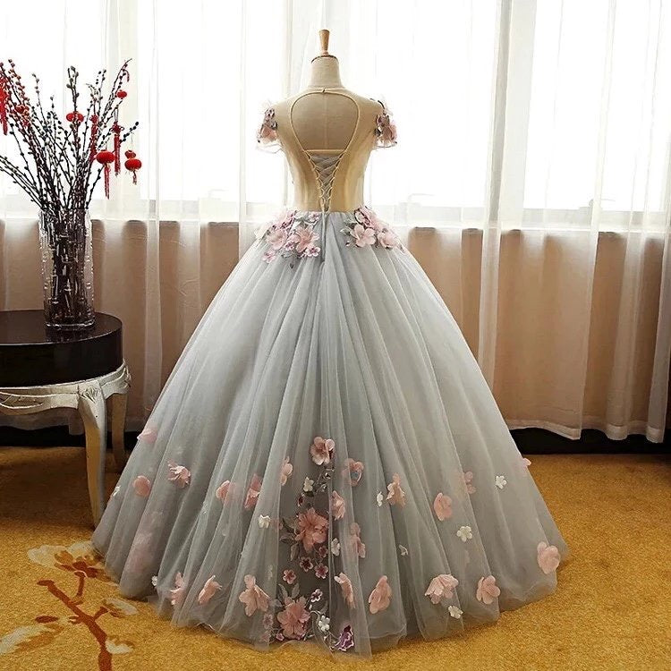 Grey Ball Gowns 3D Flowers Princess Prom Gowns Sweet 16 Prom Dresses Grey Prom Dresses