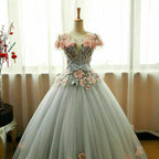 Grey Ball Gowns 3D Flowers Princess Prom Gowns Sweet 16 Prom Dresses Grey Prom Dresses