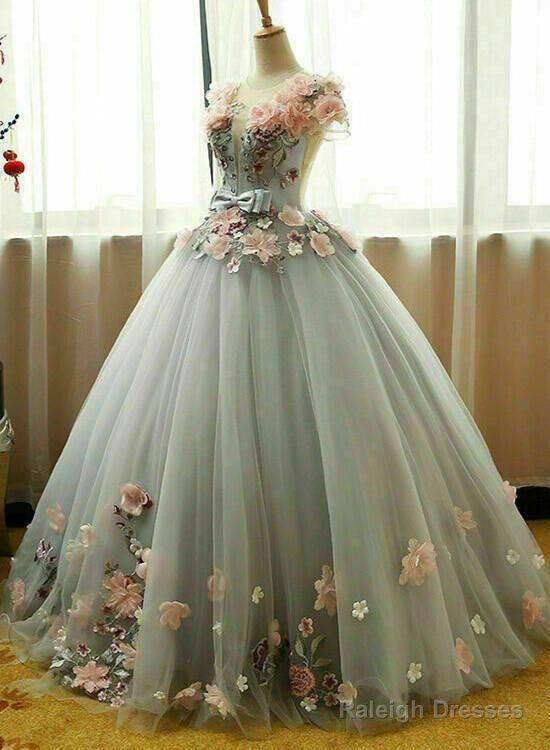 Grey Ball Gown 3D Flowers Princess Party Gown, Sweet 16 Formal Prom Dress Main image