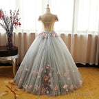Grey Ball Gown 3D Flowers Princess Party Gown,Sweet 16 Quinceanera Dress Ball Gowns