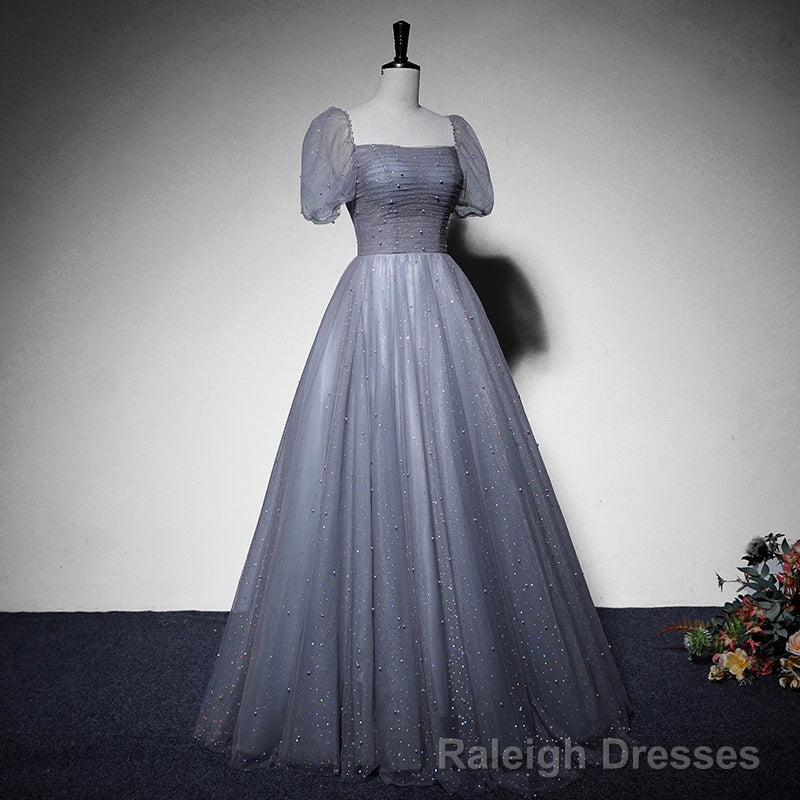 Grey Beaded Tulle Long Formal Dress Party Dress, Grey Evening Gown Formal Dress Main image