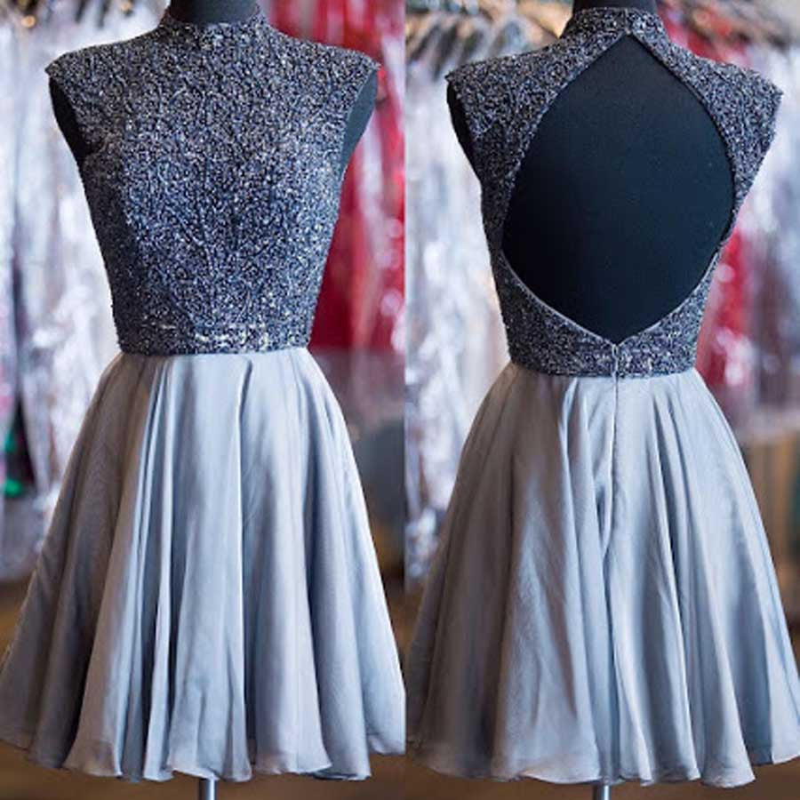 Grey beads sparkly high neck open back vintage elegant homecoming Formal Prom Dress