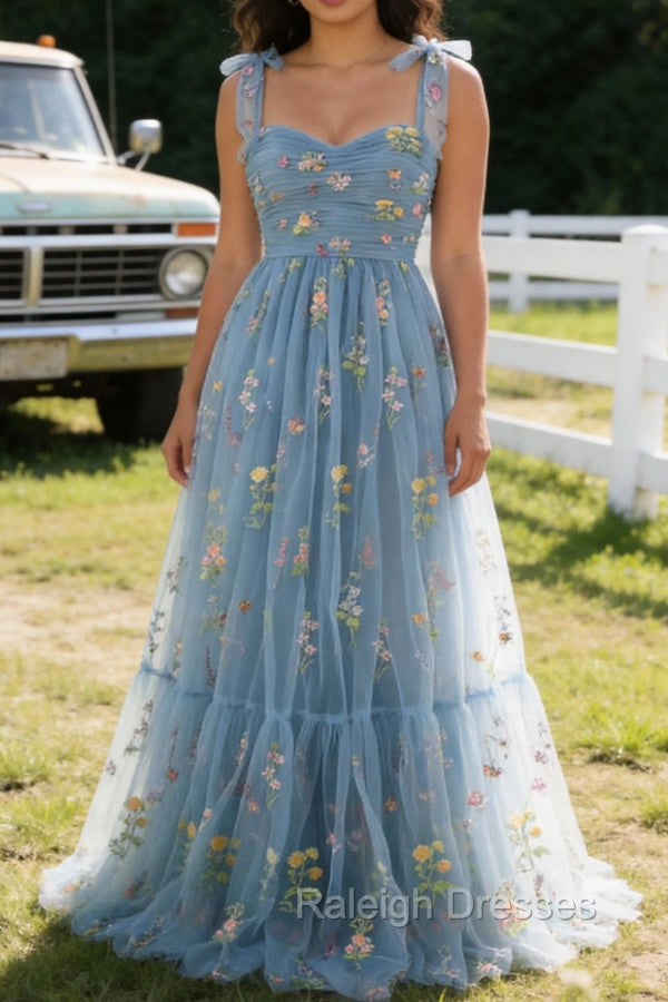Grey Blue A-Line Spaghetti Straps Tulle Long Prom Dress With Embroidery