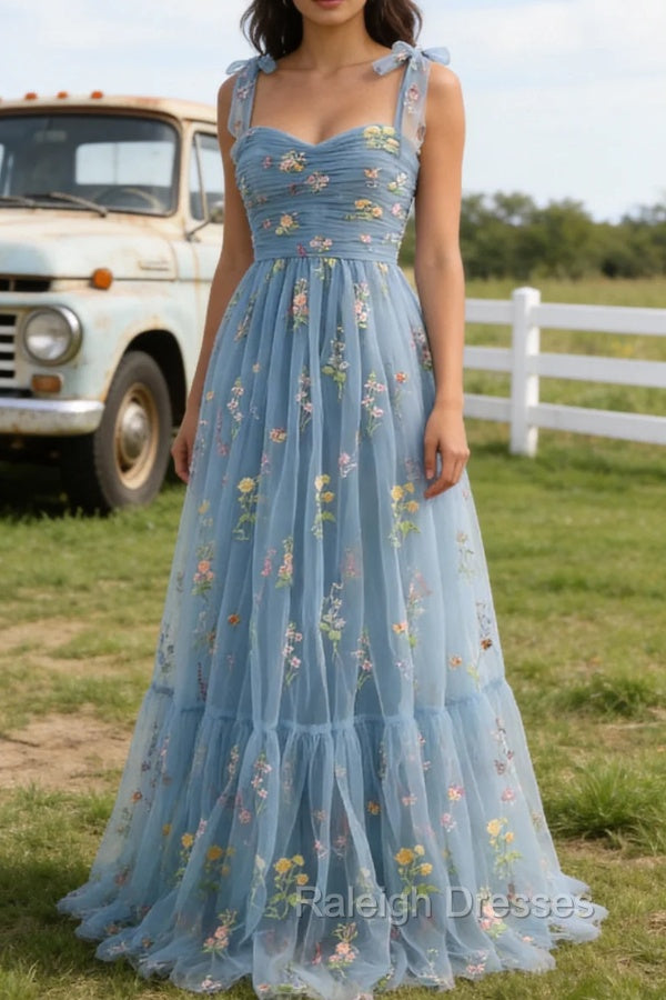 Grey Blue A-Line Spaghetti Straps Tulle Long Prom Dress With Embroidery