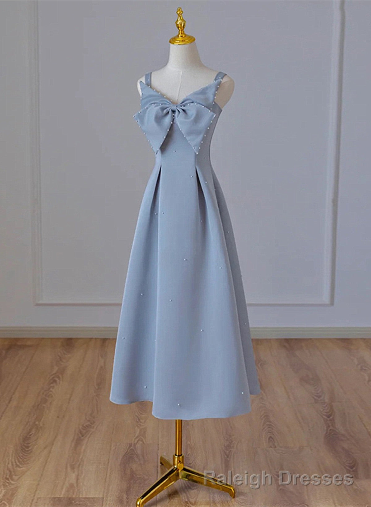 Grey Blue Tea Length Satin Straps Formal Dress, A-line Wedding Party Dress Main image