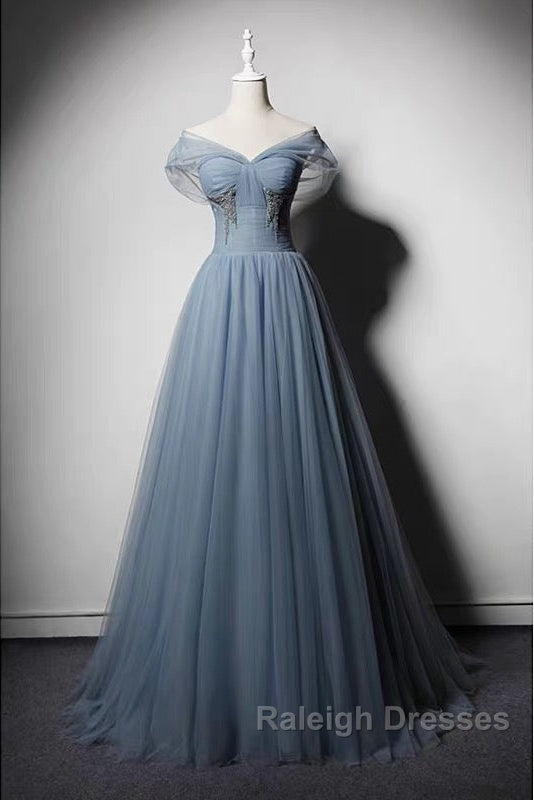 Grey-Blue Tulle Off Shoulder Beaded Long Prom Dress Party Dress, Long Evening Gowns Secondary image