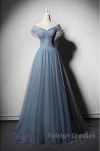 Grey-Blue Tulle Off Shoulder Beaded Long Prom Dress Party Dress, Long Evening Gowns
