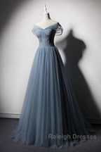Grey-Blue Tulle Off Shoulder Beaded Long Prom Dress Party Dress, Long Evening Gowns