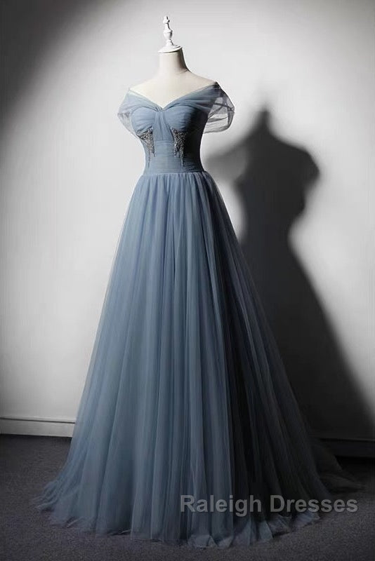Grey-Blue Tulle Off Shoulder Beaded Long Prom Dress Party Dress, Long Evening Gowns