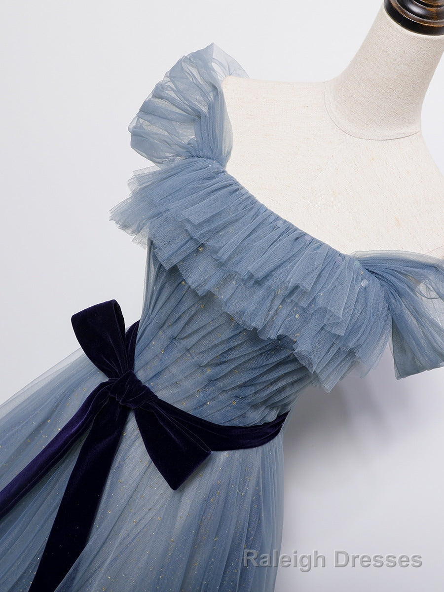 Grey-Blue Tulle Off Shoulder Long Prom Dress with Bow, A Line Floor Length Prom Dress Secondary image