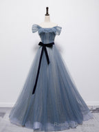 Grey-Blue Tulle Off Shoulder Long Prom Dress with Bow, A Line Floor Length Prom Dress