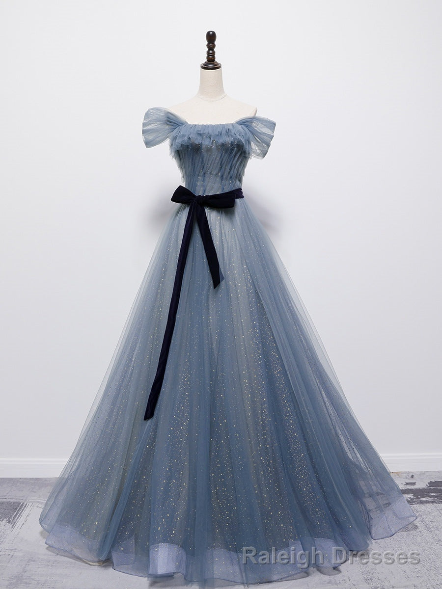 Grey-Blue Tulle Off Shoulder Long Prom Dress with Bow, A Line Floor Length Prom Dress