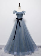 Grey-Blue Tulle Off Shoulder Long Prom Dress with Bow, A Line Floor Length Prom Dress