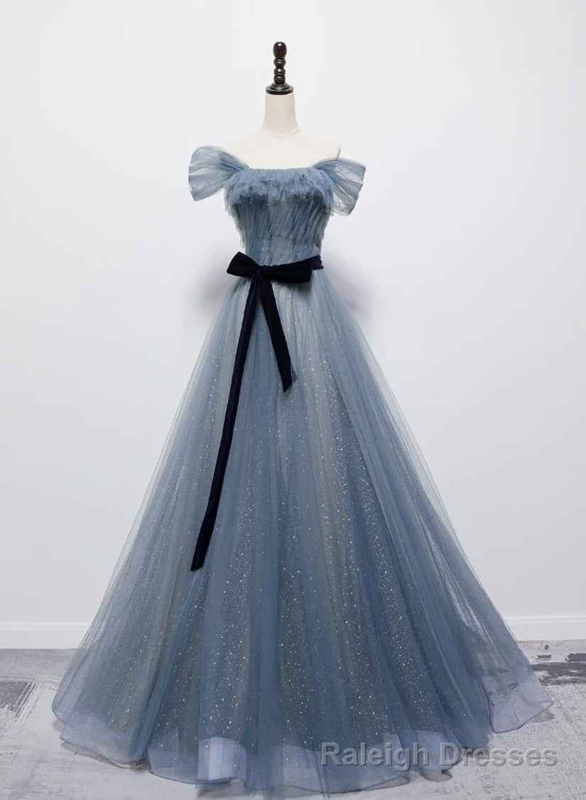 Grey-Blue Tulle Off Shoulder Long Prom Dress with Bow, A Line Floor Length Prom Dress