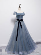 Grey-Blue Tulle Off Shoulder Long Prom Dress with Bow, A Line Floor Length Prom Dress