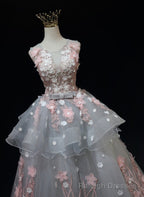 Grey Flowers Round Neckline Tulle with Lace Prom Dress, Grey Sweet 16 Dress