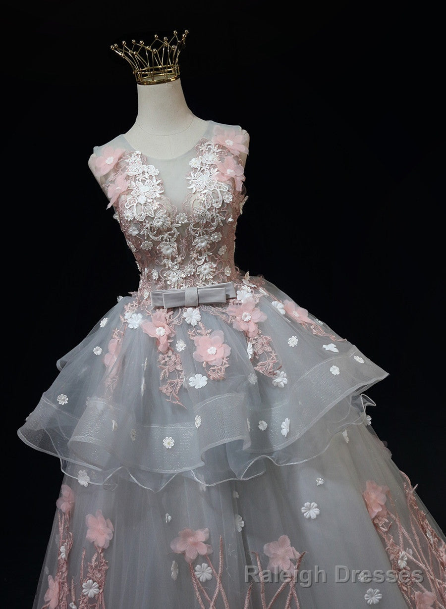 Grey Flowers Round Neckline Tulle with Lace Prom Dress, Grey Sweet 16 Dress