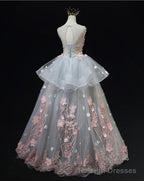 Grey Flowers Round Neckline Tulle with Lace Party Dress, Grey Sweet 16 Dress