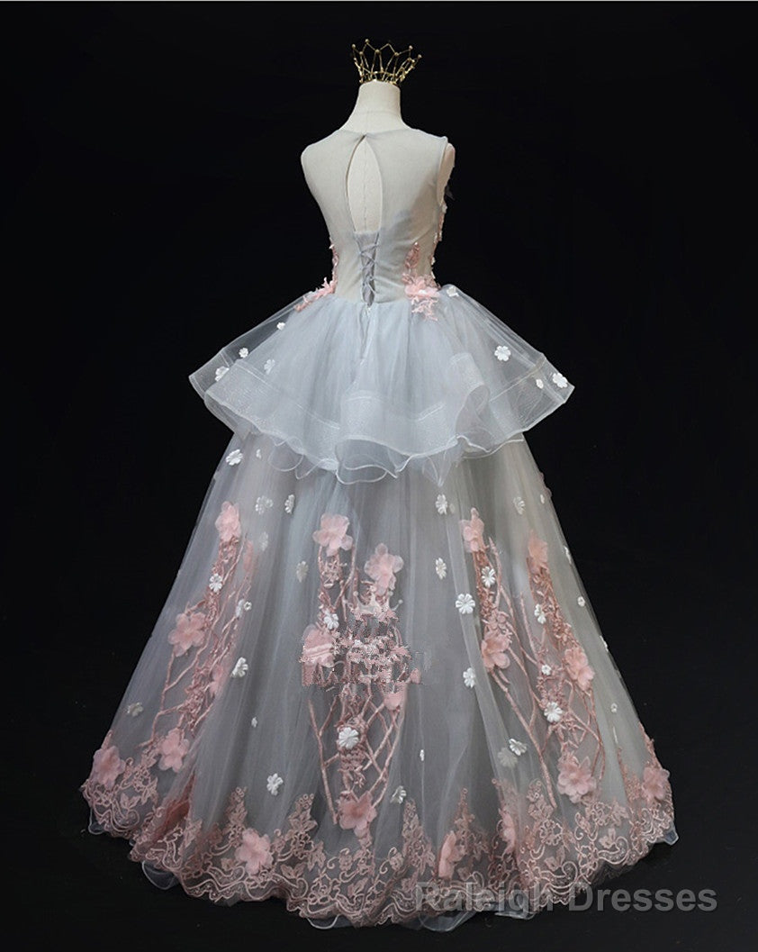 Grey Flowers Round Neckline Tulle with Lace Prom Dress, Grey Sweet 16 Dress Secondary image
