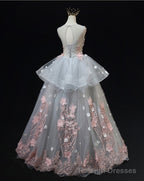 Grey Flowers Round Neckline Tulle with Lace Prom Dress, Grey Sweet 16 Dress
