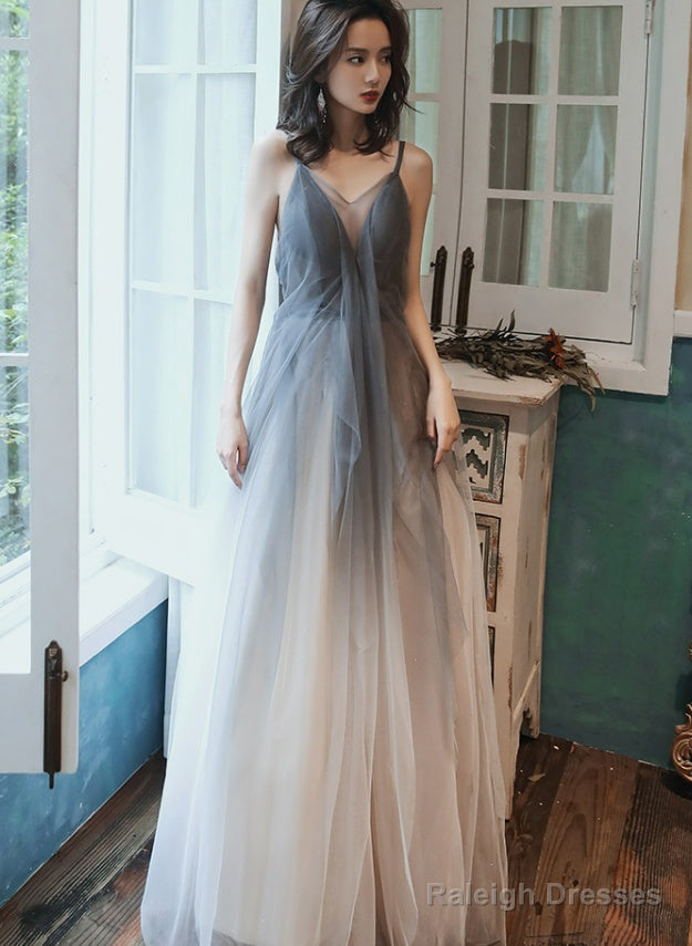 Grey Gradient Tulle V-Neckline Backless Sexy Formal Dress, Long Evening Dress Party Dresses