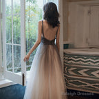 Grey Gradient Tulle V-Neckline Backless Sexy Formal Dress, Long Evening Dress Party Dresses
