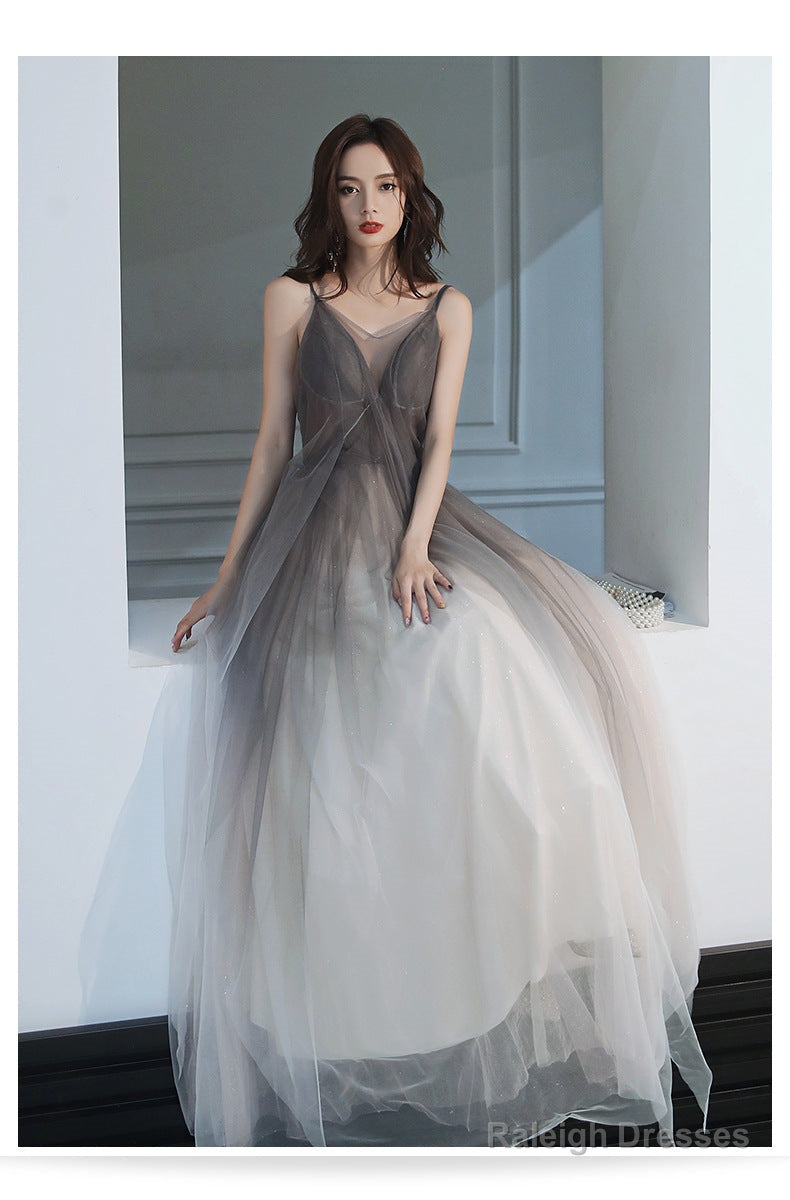 Grey Gradient Tulle V-Neckline Backless Sexy Formal Dress, Long Evening Dress Party Dresses Main image