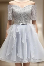Grey Lace And Organza Homecoming Dresses, Lovely Homecoming Dresses , Short Prom Dress