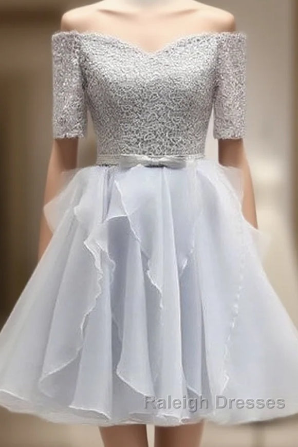 Grey Lace And Organza Homecoming Dresses, Lovely Homecoming Dresses , Short Prom Dress