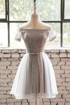 Grey Lace Tulle Short Sleeves Homecoming Dress Party Dress, Light Grey Formal Dresses